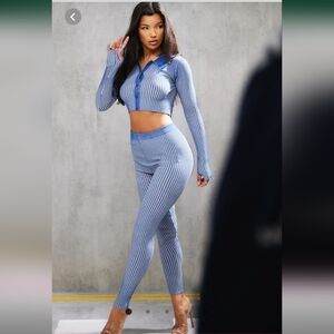 Blue Striped Ribbed Leggings Set